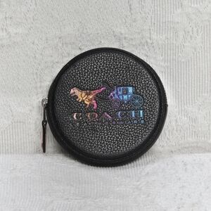 Rare Black Coach Rexy Dinosaur Ombré Glitter Leather Round Coin Purse Pouch 8876